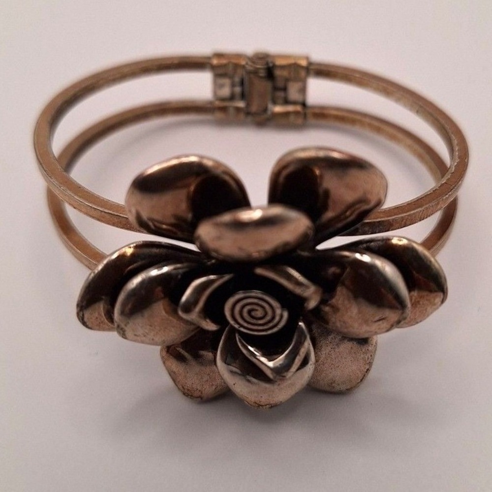 Vintage flower bangle bracelet rose clamper brass mid century to 8 inches